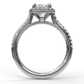 Delicate Cushion Halo Engagement Ring With Pave Shank