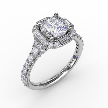 Cushion Shaped Diamond Halo Engagement Ring With Baguettes